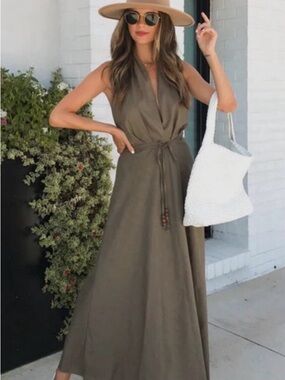 Zara Olive Midi Dress with Tie Detail